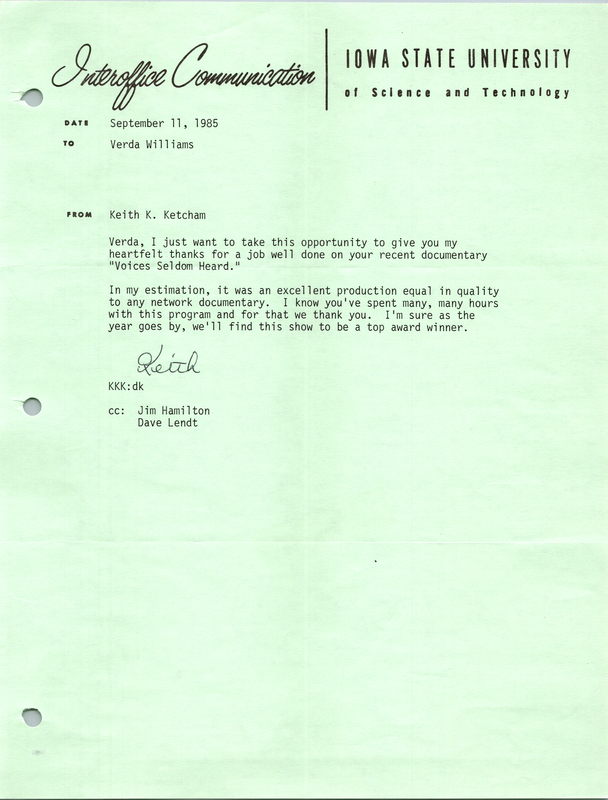 Letter addressed to Verda L. Williams from Keith K. Ketcham about "Black Des Moines: Voices Seldom Heard".