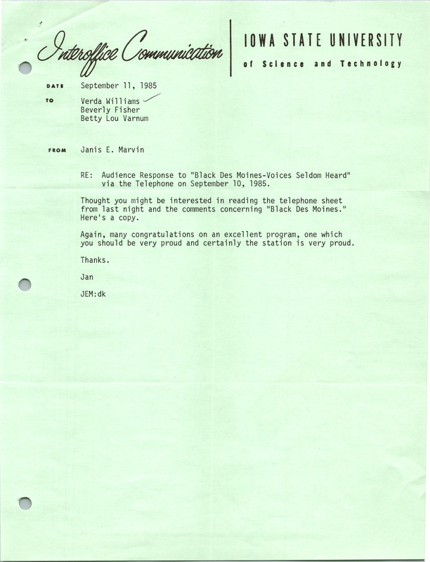 Letter addressed to Verda L. Williams, Beverly Fisher, and Betty Lou Varnum from Janis E. Marvin, including audience comments on "Black Des Moines: Voices Seldom Heard".