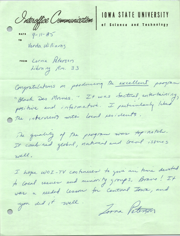Letter addressed to Verda L. Williams from Lorna Peterson about "Black Des Moines: Voices Seldom Heard".