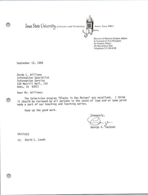 Letter addressed to Verda L. Williams from George A. Jackson about "Black Des Moines: Voices Seldom Heard".