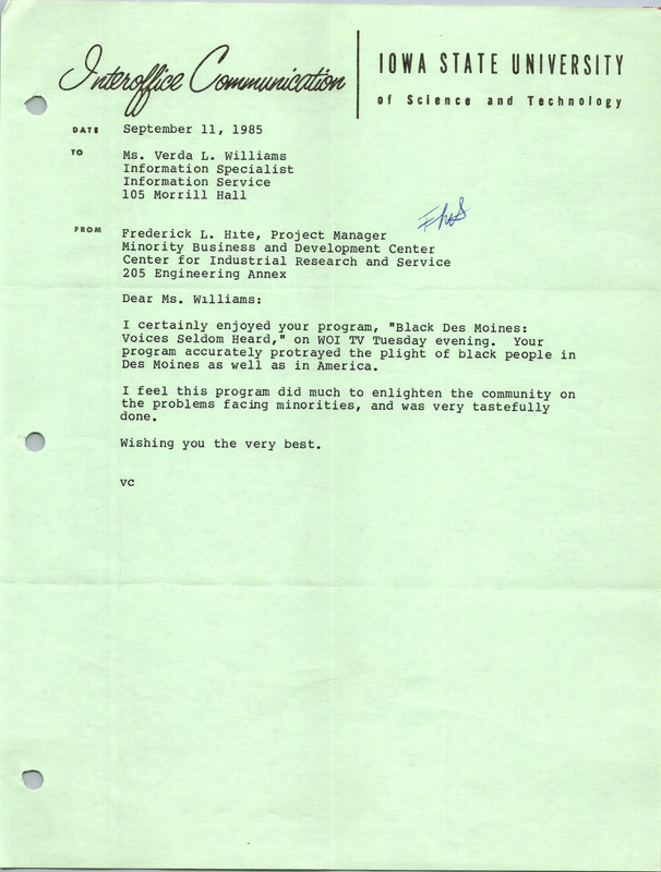 Letter addressed to Verda L. Williams from Frederick L. Hite about "Black Des Moines: Voices Seldom Heard".