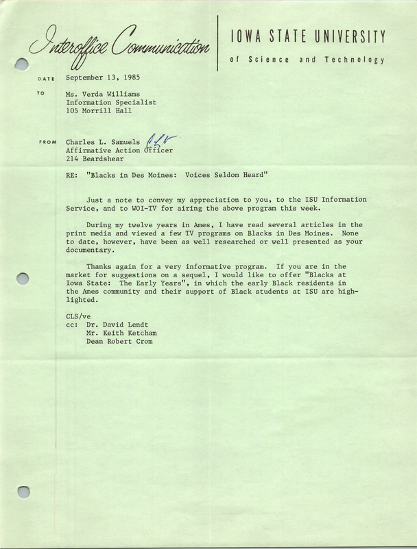 Letter addressed to Verda L. Williams from Charles L. Samuels about "Black Des Moines: Voices Seldom Heard".