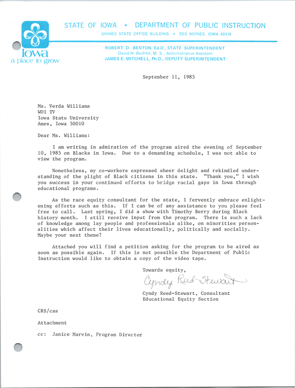 Letter addressed to Verda L. Williams from Cyndy Reed-Stewart about "Black Des Moines: Voices Seldom Heard," including a petition to reair the show.