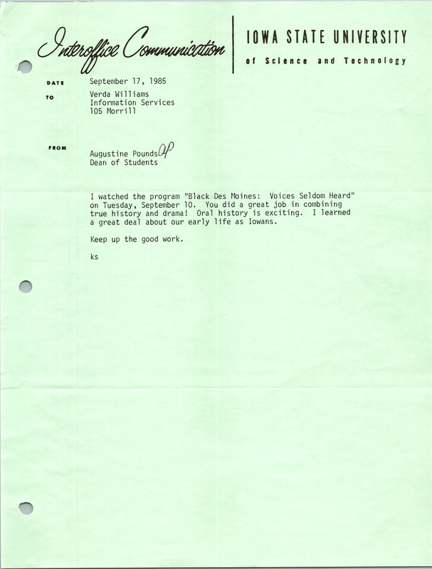 Letter addressed to Verda L. Williams from Augustine Pounds about "Black Des Moines: Voices Seldom Heard".