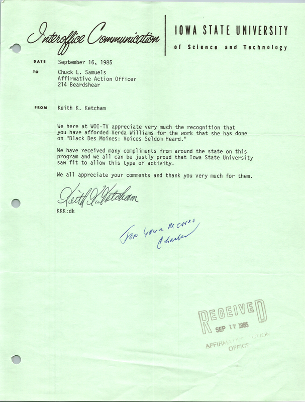 Letter addressed to Chuck L. Samuels from Keith K. Ketcham about "Black Des Moines: Voices Seldom Heard".
