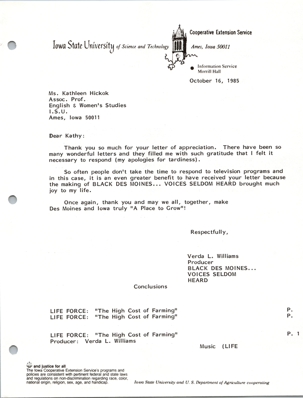 Letter addressed to Kathleen Hickok from Verda L. Williams about "Black Des Moines: Voices Seldom Heard".