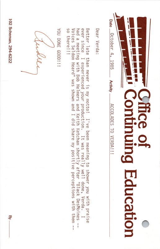 Letter addressed to Verda L. Williams from Audrey about "Black Des Moines: Voices Seldom Heard".