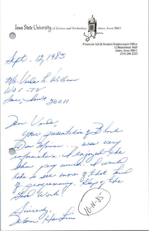 Letter addressed to Verda L. Williams from Delores Hawkins about "Black Des Moines: Voices Seldom Heard".