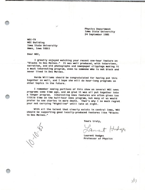 Letter addressed to Verda L. Williams from Laurent Hodges about "Black Des Moines: Voices Seldom Heard".