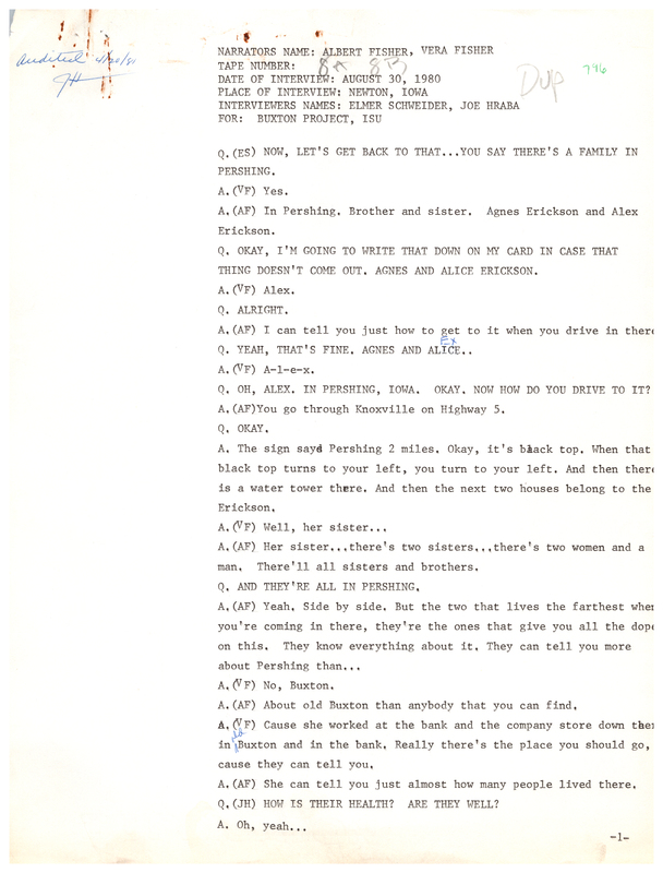 Oral history transcipt from a project conducted by Dorothy Schwieder, Elmer Schwieder, and Joseph Hraba--all professors of Iowa State University--in 1980-1983 about the majority African-American coal mining community of Buxton, Iowa.