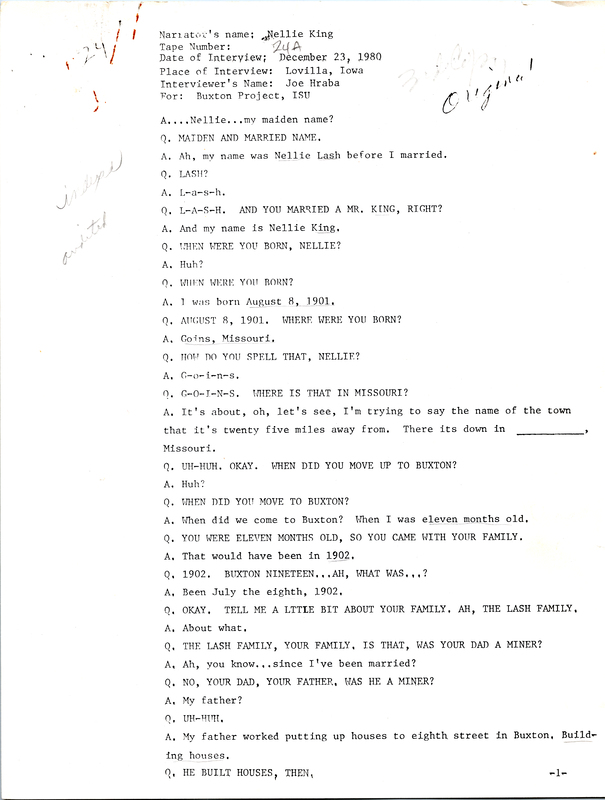 Oral history transcipt from a project conducted by Dorothy Schwieder, Elmer Schwieder, and Joseph Hraba--all professors of Iowa State University--in 1980-1983 about the majority African-American coal mining community of Buxton, Iowa.