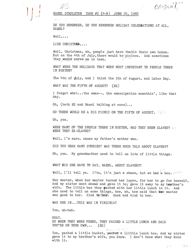 Oral history transcipt from a project conducted by Dorothy Schwieder, Elmer Schwieder, and Joseph Hraba--all professors of Iowa State University--in 1980-1983 about the majority African-American coal mining community of Buxton, Iowa.