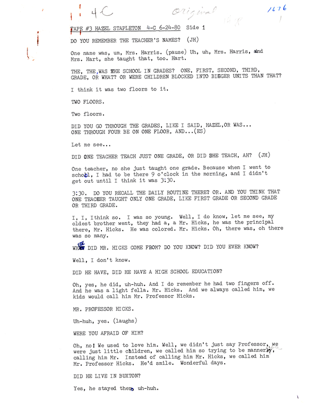 Oral history transcipt from a project conducted by Dorothy Schwieder, Elmer Schwieder, and Joseph Hraba--all professors of Iowa State University--in 1980-1983 about the majority African-American coal mining community of Buxton, Iowa.