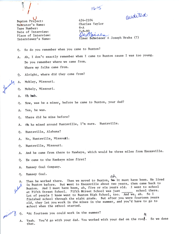 Oral history transcipt from a project conducted by Dorothy Schwieder, Elmer Schwieder, and Joseph Hraba--all professors of Iowa State University--in 1980-1983 about the majority African-American coal mining community of Buxton, Iowa.