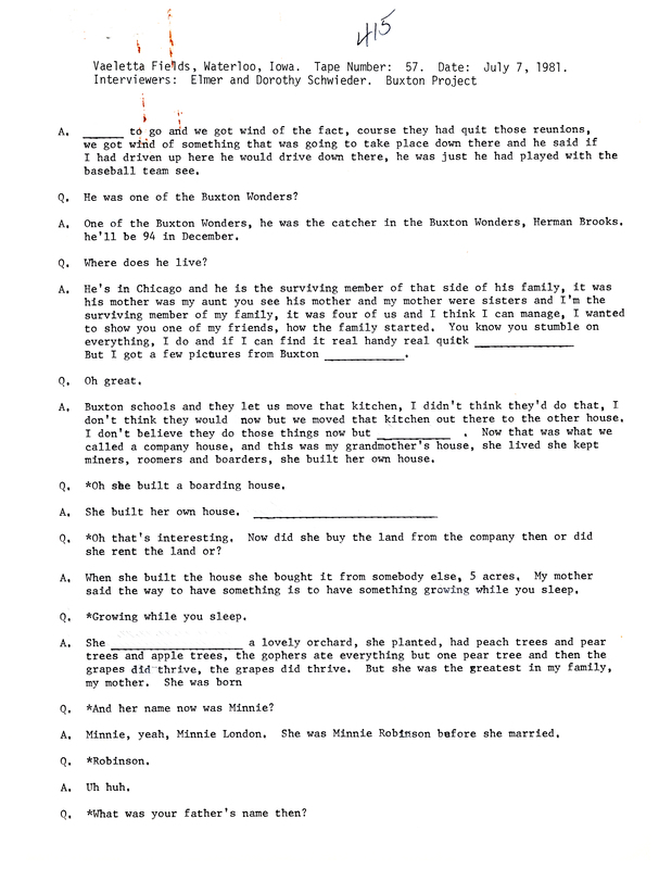 Oral history transcipt from a project conducted by Dorothy Schwieder, Elmer Schwieder, and Joseph Hraba--all professors of Iowa State University--in 1980-1983 about the majority African-American coal mining community of Buxton, Iowa.