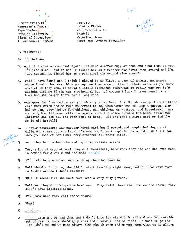Oral history transcipt from a project conducted by Dorothy Schwieder, Elmer Schwieder, and Joseph Hraba--all professors of Iowa State University--in 1980-1983 about the majority African-American coal mining community of Buxton, Iowa.