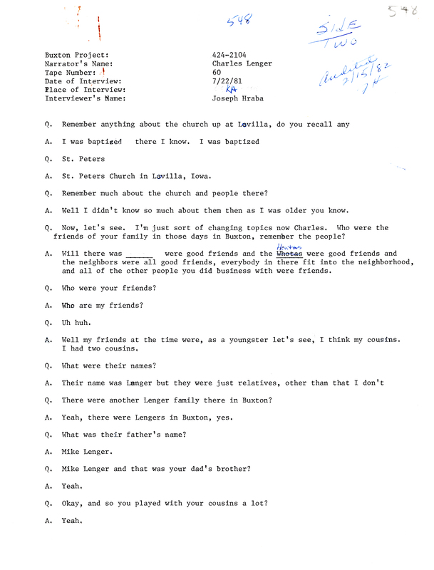 Oral history transcipt from a project conducted by Dorothy Schwieder, Elmer Schwieder, and Joseph Hraba--all professors of Iowa State University--in 1980-1983 about the majority African-American coal mining community of Buxton, Iowa.