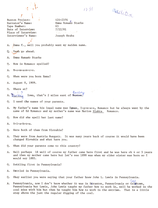 Oral history transcipt from a project conducted by Dorothy Schwieder, Elmer Schwieder, and Joseph Hraba--all professors of Iowa State University--in 1980-1983 about the majority African-American coal mining community of Buxton, Iowa.