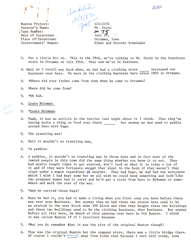 Oral history transcipt from a project conducted by Dorothy Schwieder, Elmer Schwieder, and Joseph Hraba--all professors of Iowa State University--in 1980-1983 about the majority African-American coal mining community of Buxton, Iowa.