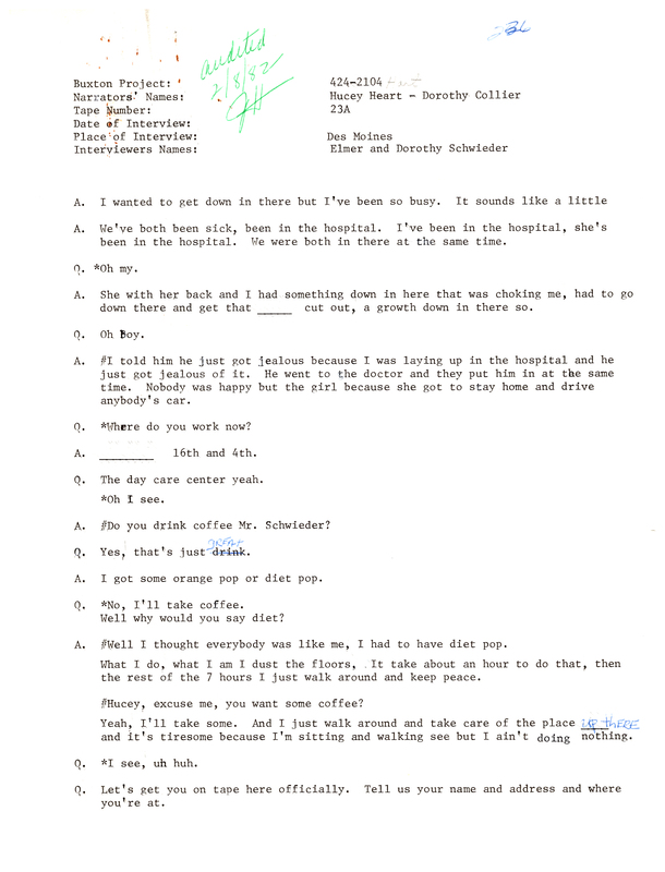 Oral history transcipt from a project conducted by Dorothy Schwieder, Elmer Schwieder, and Joseph Hraba--all professors of Iowa State University--in 1980-1983 about the majority African-American coal mining community of Buxton, Iowa.