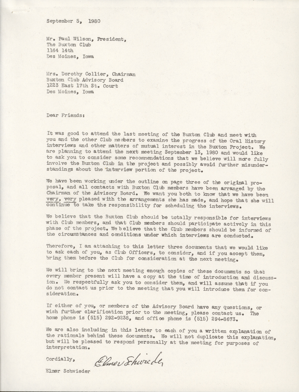 Letter to the The Buxton Club President, Paul Wilson, and the Buxton Club Advisory Board Chairman, Dorothy Collier, with an outline of the Buxton Questionnaire.