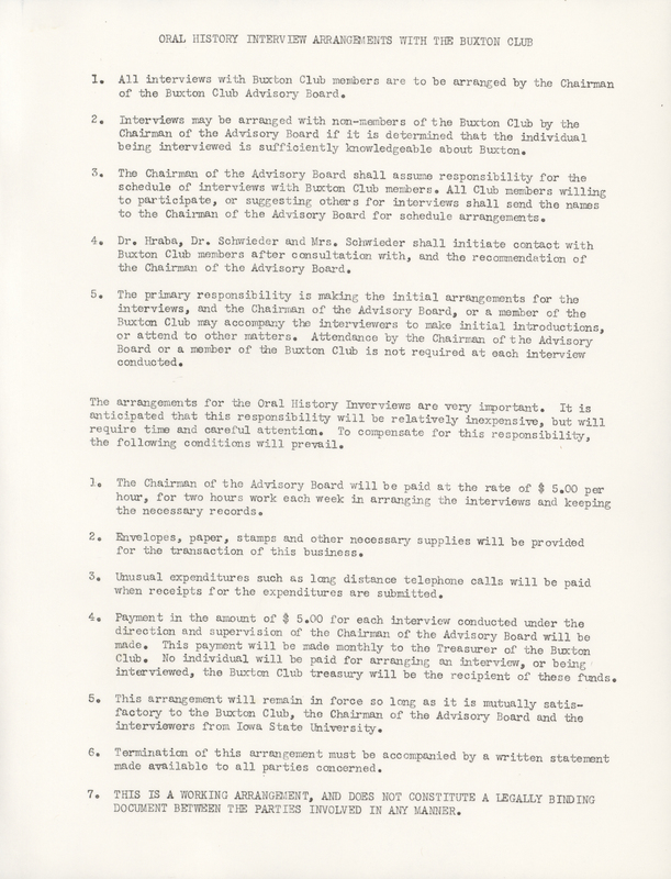 Responsibilities and conditions for the oral history interview arrangments with the Buxton Club.