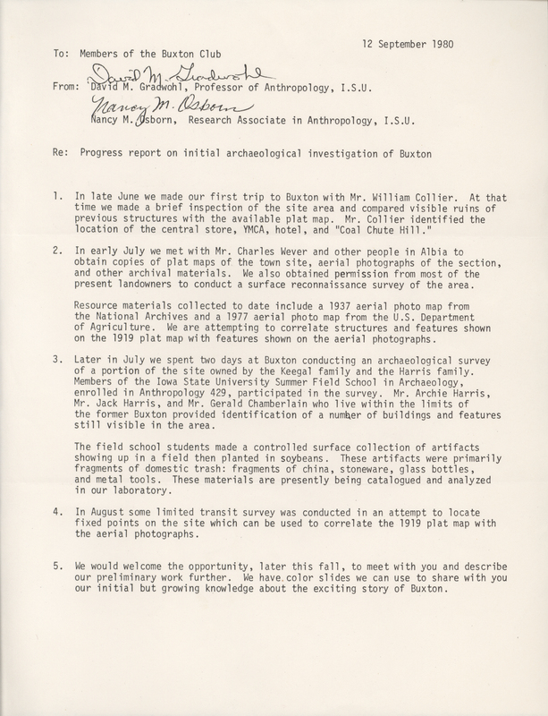 Progress report from the Iowa State University Anthropolgy department on the intitial archaeological investigation of Buxton made to the Members of the Buxton Club.