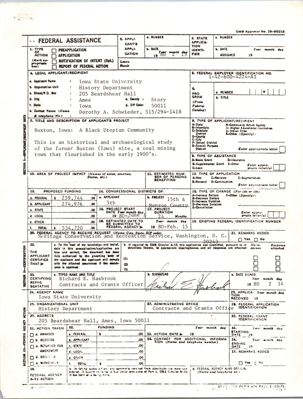 Application for grant funding from the Heritage Conservation and Recreation Service, Washington, D.C., for the project "Buxton, Iowa: A Black Utopian Community".