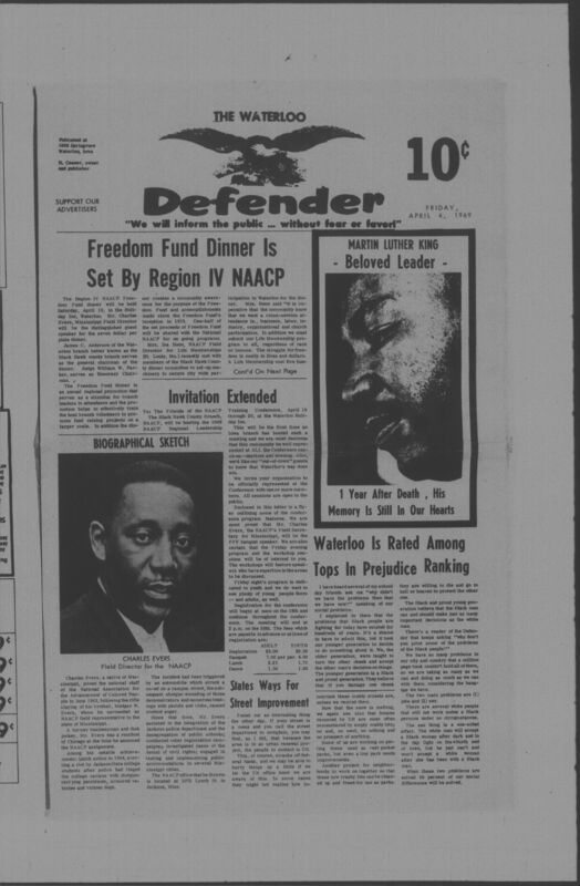 The Waterloo Defender, a weekly newspaper for the Black community, was published in Waterloo, Iowa, during the 1960s and 1970s. The publication, which covered news of interest to African Americans in Waterloo and beyond, carried the slogan "We will inform the public ... without fear or favor!" Issues in this collection range from 1966 to 1979. The last available issue, dated September 20, 1979, and titled simply The Defender, refers to a gap in coverage in its top story, "Back on the Streets Again." The issues in this collection are digitized versions of microfilm copies; microfilm reels of the Waterloo Defender also contain copies of the 1950s publications The Waterloo Post and The Waterloo Star.