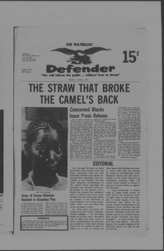 The Waterloo Defender, a weekly newspaper for the Black community, was published in Waterloo, Iowa, during the 1960s and 1970s. The publication, which covered news of interest to African Americans in Waterloo and beyond, carried the slogan "We will inform the public ... without fear or favor!" Issues in this collection range from 1966 to 1979. The last available issue, dated September 20, 1979, and titled simply The Defender, refers to a gap in coverage in its top story, "Back on the Streets Again." The issues in this collection are digitized versions of microfilm copies; microfilm reels of the Waterloo Defender also contain copies of the 1950s publications The Waterloo Post and The Waterloo Star.