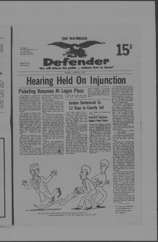 The Waterloo Defender, a weekly newspaper for the Black community, was published in Waterloo, Iowa, during the 1960s and 1970s. The publication, which covered news of interest to African Americans in Waterloo and beyond, carried the slogan "We will inform the public ... without fear or favor!" Issues in this collection range from 1966 to 1979. The last available issue, dated September 20, 1979, and titled simply The Defender, refers to a gap in coverage in its top story, "Back on the Streets Again." The issues in this collection are digitized versions of microfilm copies; microfilm reels of the Waterloo Defender also contain copies of the 1950s publications The Waterloo Post and The Waterloo Star.