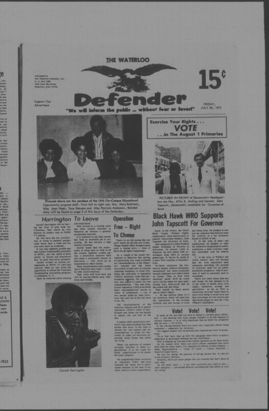 The Waterloo Defender, a weekly newspaper for the Black community, was published in Waterloo, Iowa, during the 1960s and 1970s. The publication, which covered news of interest to African Americans in Waterloo and beyond, carried the slogan "We will inform the public ... without fear or favor!" Issues in this collection range from 1966 to 1979. The last available issue, dated September 20, 1979, and titled simply The Defender, refers to a gap in coverage in its top story, "Back on the Streets Again." The issues in this collection are digitized versions of microfilm copies; microfilm reels of the Waterloo Defender also contain copies of the 1950s publications The Waterloo Post and The Waterloo Star.