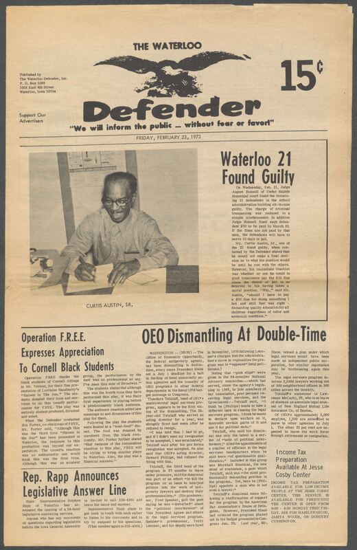 The Waterloo Defender, a weekly newspaper for the Black community, was published in Waterloo, Iowa, during the 1960s and 1970s. The publication, which covered news of interest to African Americans in Waterloo and beyond, carried the slogan "We will inform the public ... without fear or favor!" Issues in this collection range from 1966 to 1979. The last available issue, dated September 20, 1979, and titled simply The Defender, refers to a gap in coverage in its top story, "Back on the Streets Again." The issues in this collection are digitized versions of microfilm copies; microfilm reels of the Waterloo Defender also contain copies of the 1950s publications The Waterloo Post and The Waterloo Star.