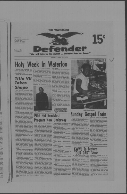 The Waterloo Defender, a weekly newspaper for the Black community, was published in Waterloo, Iowa, during the 1960s and 1970s. The publication, which covered news of interest to African Americans in Waterloo and beyond, carried the slogan "We will inform the public ... without fear or favor!" Issues in this collection range from 1966 to 1979. The last available issue, dated September 20, 1979, and titled simply The Defender, refers to a gap in coverage in its top story, "Back on the Streets Again." The issues in this collection are digitized versions of microfilm copies; microfilm reels of the Waterloo Defender also contain copies of the 1950s publications The Waterloo Post and The Waterloo Star.