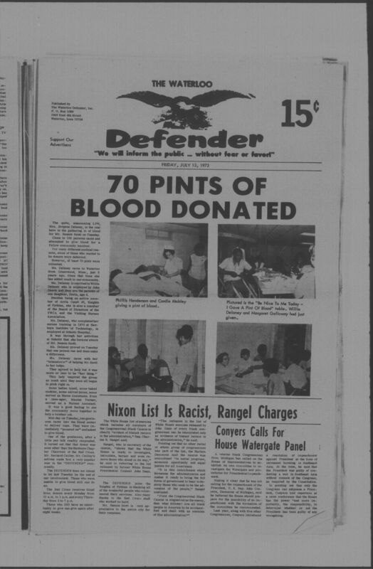 The Waterloo Defender, a weekly newspaper for the Black community, was published in Waterloo, Iowa, during the 1960s and 1970s. The publication, which covered news of interest to African Americans in Waterloo and beyond, carried the slogan "We will inform the public ... without fear or favor!" Issues in this collection range from 1966 to 1979. The last available issue, dated September 20, 1979, and titled simply The Defender, refers to a gap in coverage in its top story, "Back on the Streets Again." The issues in this collection are digitized versions of microfilm copies; microfilm reels of the Waterloo Defender also contain copies of the 1950s publications The Waterloo Post and The Waterloo Star.