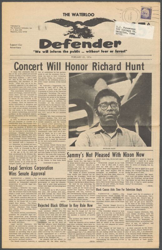 The Waterloo Defender, a weekly newspaper for the Black community, was published in Waterloo, Iowa, during the 1960s and 1970s. The publication, which covered news of interest to African Americans in Waterloo and beyond, carried the slogan "We will inform the public ... without fear or favor!" Issues in this collection range from 1966 to 1979. The last available issue, dated September 20, 1979, and titled simply The Defender, refers to a gap in coverage in its top story, "Back on the Streets Again." The issues in this collection are digitized versions of microfilm copies; microfilm reels of the Waterloo Defender also contain copies of the 1950s publications The Waterloo Post and The Waterloo Star.