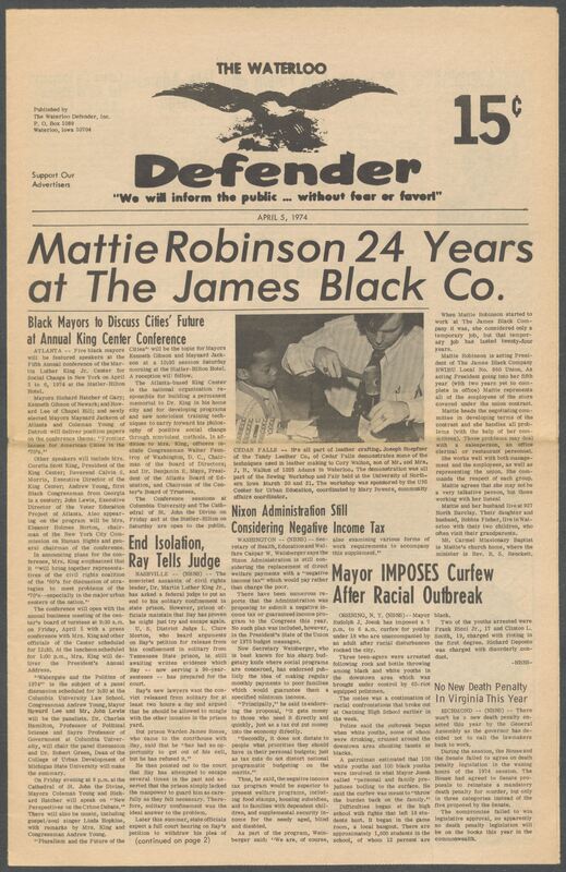 The Waterloo Defender, a weekly newspaper for the Black community, was published in Waterloo, Iowa, during the 1960s and 1970s. The publication, which covered news of interest to African Americans in Waterloo and beyond, carried the slogan "We will inform the public ... without fear or favor!" Issues in this collection range from 1966 to 1979. The last available issue, dated September 20, 1979, and titled simply The Defender, refers to a gap in coverage in its top story, "Back on the Streets Again." The issues in this collection are digitized versions of microfilm copies; microfilm reels of the Waterloo Defender also contain copies of the 1950s publications The Waterloo Post and The Waterloo Star.