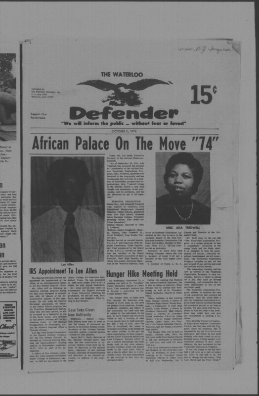 The Waterloo Defender, a weekly newspaper for the Black community, was published in Waterloo, Iowa, during the 1960s and 1970s. The publication, which covered news of interest to African Americans in Waterloo and beyond, carried the slogan "We will inform the public ... without fear or favor!" Issues in this collection range from 1966 to 1979. The last available issue, dated September 20, 1979, and titled simply The Defender, refers to a gap in coverage in its top story, "Back on the Streets Again." The issues in this collection are digitized versions of microfilm copies; microfilm reels of the Waterloo Defender also contain copies of the 1950s publications The Waterloo Post and The Waterloo Star.