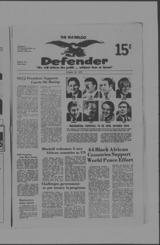 The Waterloo Defender, a weekly newspaper for the Black community, was published in Waterloo, Iowa, during the 1960s and 1970s. The publication, which covered news of interest to African Americans in Waterloo and beyond, carried the slogan "We will inform the public ... without fear or favor!" Issues in this collection range from 1966 to 1979. The last available issue, dated September 20, 1979, and titled simply The Defender, refers to a gap in coverage in its top story, "Back on the Streets Again." The issues in this collection are digitized versions of microfilm copies; microfilm reels of the Waterloo Defender also contain copies of the 1950s publications The Waterloo Post and The Waterloo Star.