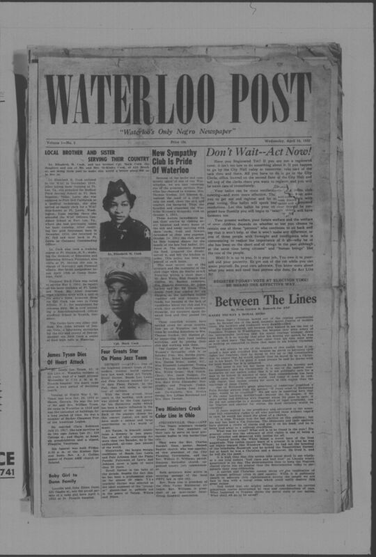 The Waterloo Post was a newspaper for the Black community published weekly in Waterloo, Iowa, during the 1950s. Carrying the slogan "Waterloo's Only Negro Newspaper," the publication covered covered news of interest to local African Americans, including civil rights and other political topics. The first issue was published on March 22, 1952; the last available issue in this collection is dated to February 12, 1953. The issues are digitized versions of microfilm copies.