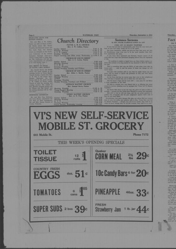 The Waterloo Post was a newspaper for the Black community published weekly in Waterloo, Iowa, during the 1950s. Carrying the slogan "Waterloo's Only Negro Newspaper," the publication covered covered news of interest to local African Americans, including civil rights and other political topics. The first issue was published on March 22, 1952; the last available issue in this collection is dated to February 12, 1953. The issues are digitized versions of microfilm copies.