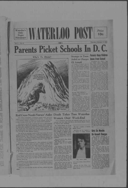The Waterloo Post was a newspaper for the Black community published weekly in Waterloo, Iowa, during the 1950s. Carrying the slogan "Waterloo's Only Negro Newspaper," the publication covered covered news of interest to local African Americans, including civil rights and other political topics. The first issue was published on March 22, 1952; the last available issue in this collection is dated to February 12, 1953. The issues are digitized versions of microfilm copies.
