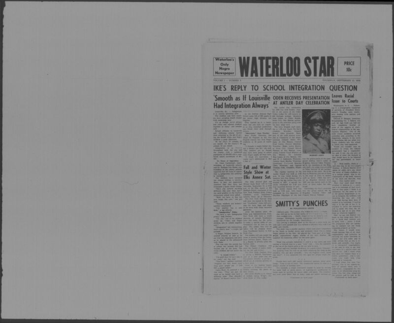 The Waterloo Star was a newspaper for the Black community published weekly in Waterloo, Iowa, during the 1950s. It used the same slogan, "Waterloo's Only Negro Newspaper," as an earlier paper, The Waterloo Post. The Star covered news of interest to local African Americans, including racial integration and other political and cultural topics. The issues in this collection range from August to December 1956. They are digitized versions of microfilm copies.