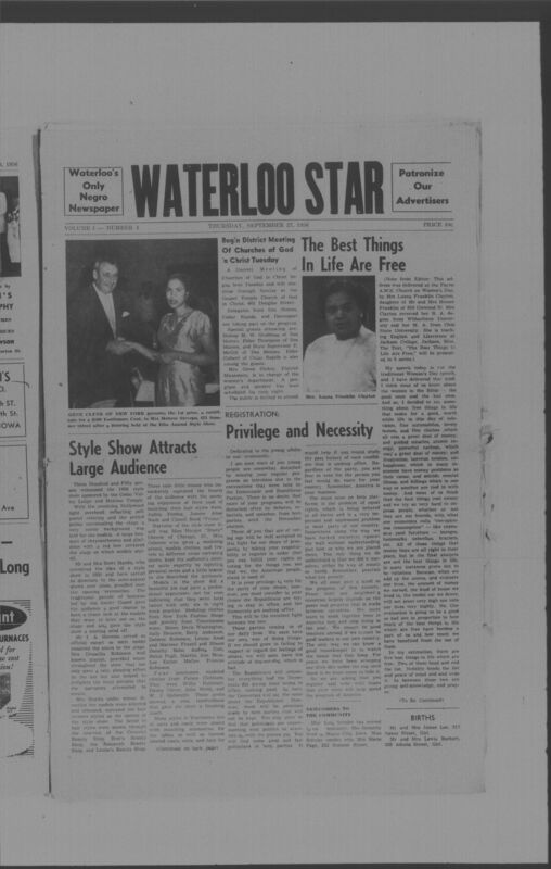 The Waterloo Star was a newspaper for the Black community published weekly in Waterloo, Iowa, during the 1950s. It used the same slogan, "Waterloo's Only Negro Newspaper," as an earlier paper, The Waterloo Post. The Star covered news of interest to local African Americans, including racial integration and other political and cultural topics. The issues in this collection range from August to December 1956. They are digitized versions of microfilm copies.