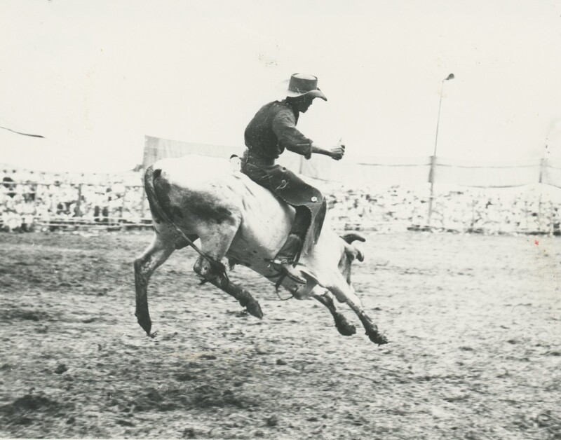 A person riding a bull at a rodeo mid air.