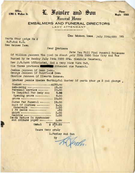 William Johnson Funeral Invoice