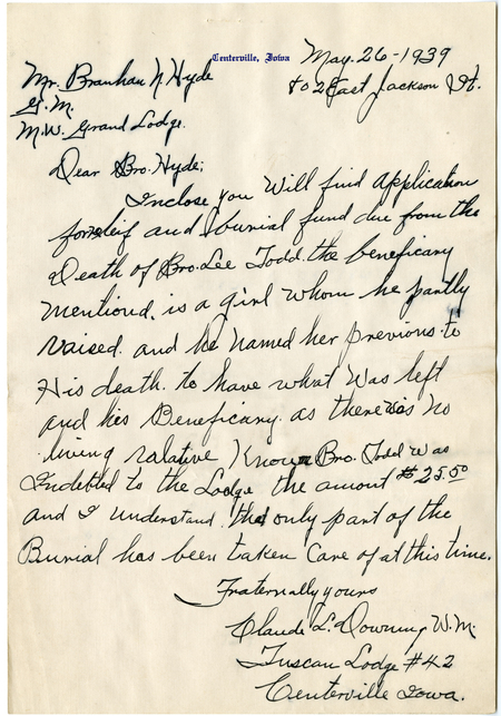 Letter Enclosed With Relief Benefits Application For Lee Todd