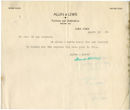 Note From Allen & Lewis Undertakers For Benefits Application For Wm Gordon