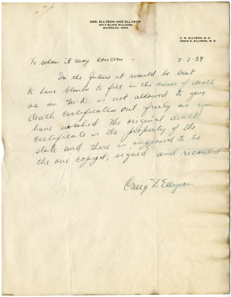 Note Enclosed With Death Certificate For Evans Davis