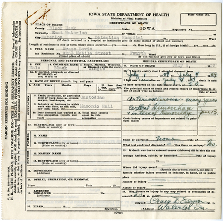 Iowa State Department Of Health Death Certificate For Evans Davis